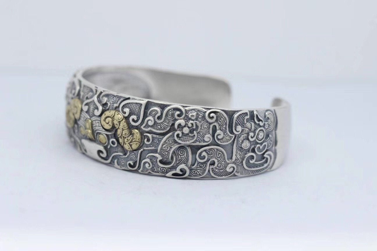 Bracelet jonc Feng Shui. Protection du dragon taotie.Argent 925, cuivre. - obsidian dragon