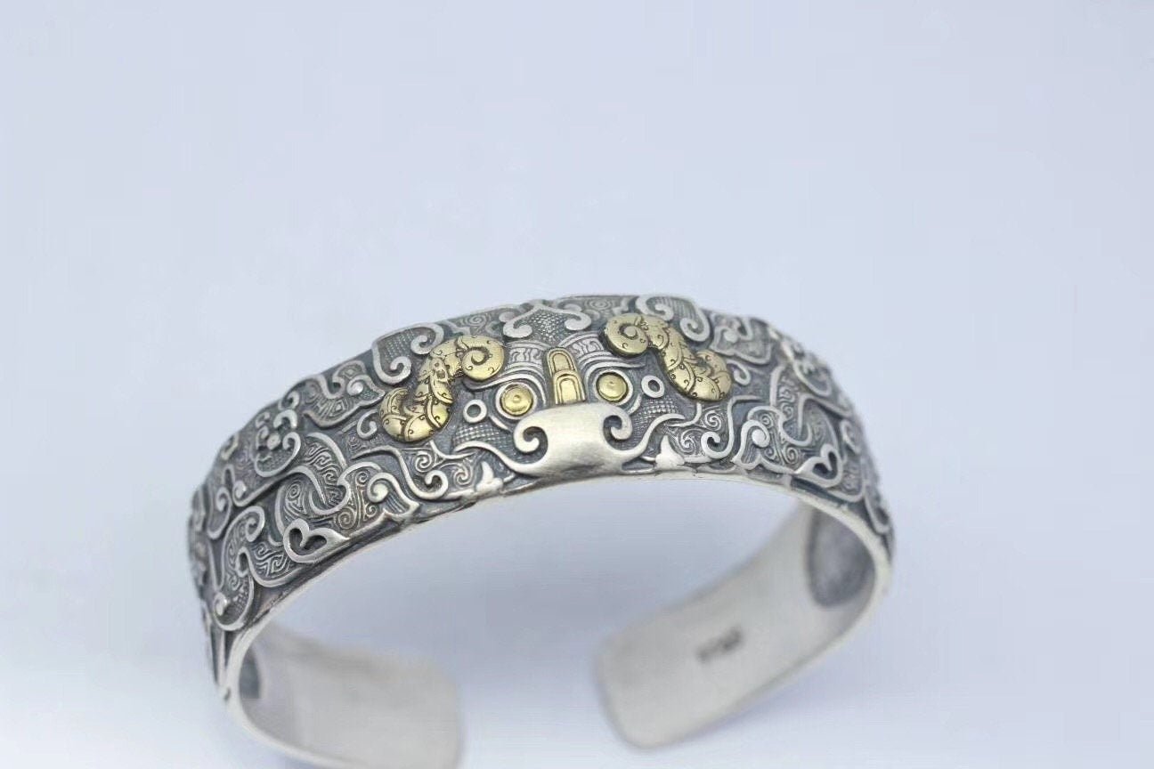 Bracelet jonc Feng Shui. Protection du dragon taotie.Argent 925, cuivre. - obsidian dragon