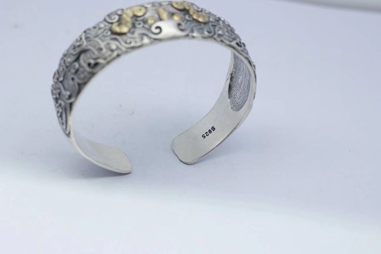 Bracelet jonc Feng Shui. Protection du dragon taotie.Argent 925, cuivre. - obsidian dragon