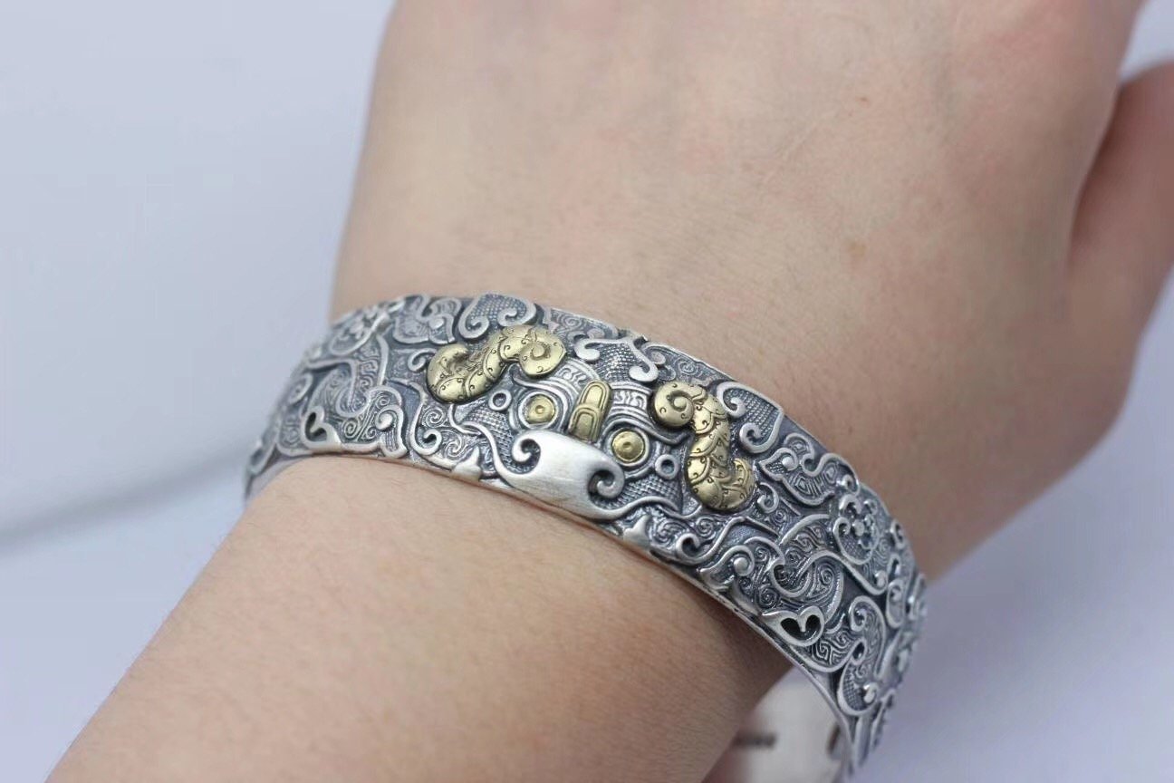 Bracelet jonc Feng Shui. Protection du dragon taotie.Argent 925, cuivre. - obsidian dragon
