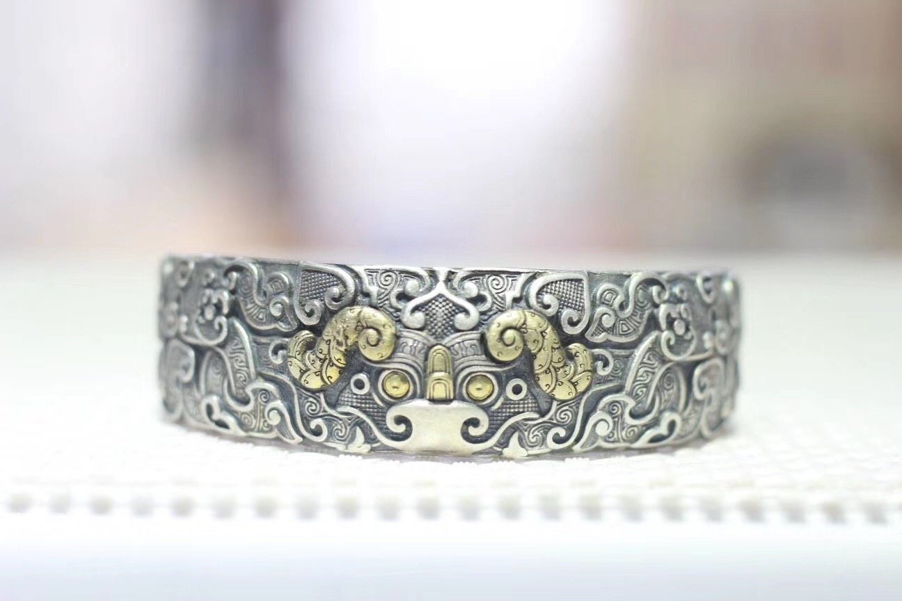 Bracelet jonc Feng Shui. Protection du dragon taotie.Argent 925, cuivre. - obsidian dragon