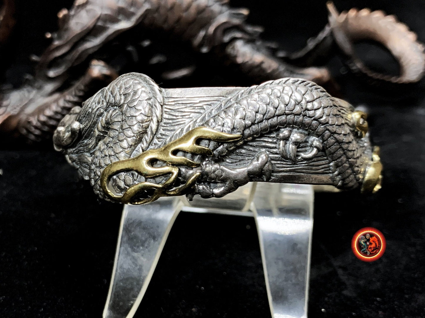 bracelet dragon. Jonc argent 925 et bronze. Artisanal. Argent Poinçonné. Dragon chinois, asiatique. travail fin et délicat, pièce rare. - obsidian dragon