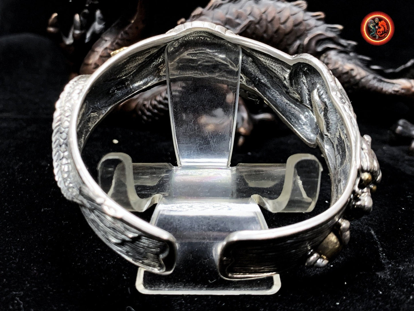 bracelet dragon. Jonc argent 925 et bronze. Artisanal. Argent Poinçonné. Dragon chinois, asiatique. travail fin et délicat, pièce rare. - obsidian dragon