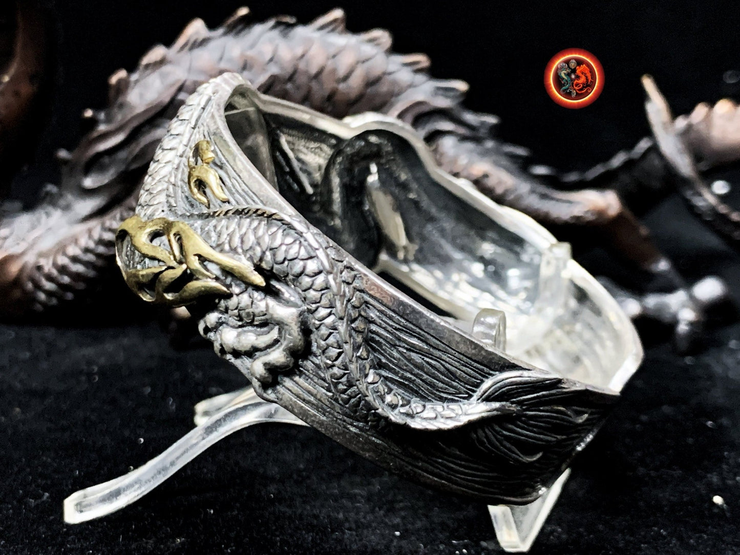 bracelet dragon. Jonc argent 925 et bronze. Artisanal. Argent Poinçonné. Dragon chinois, asiatique. travail fin et délicat, pièce rare. - obsidian dragon
