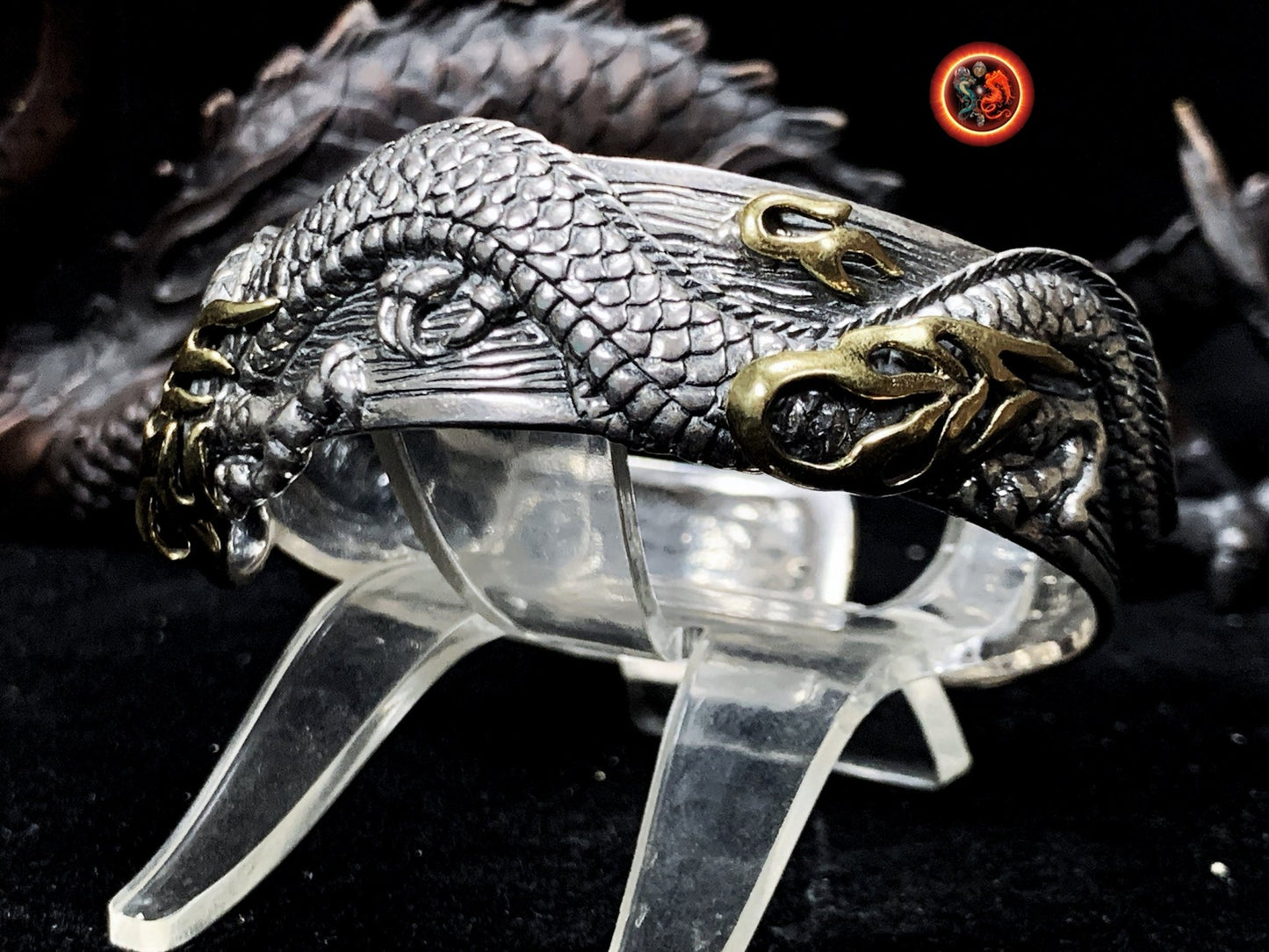 bracelet dragon. Jonc argent 925 et bronze. Artisanal. Argent Poinçonné. Dragon chinois, asiatique. travail fin et délicat, pièce rare. - obsidian dragon