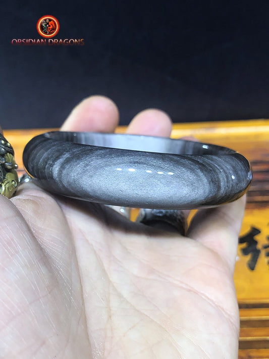 Bracelet jonc en obsidienne argentée