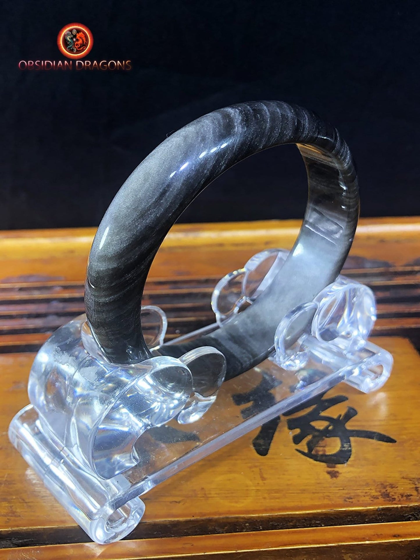 Bracelet jonc en obsidienne argentée