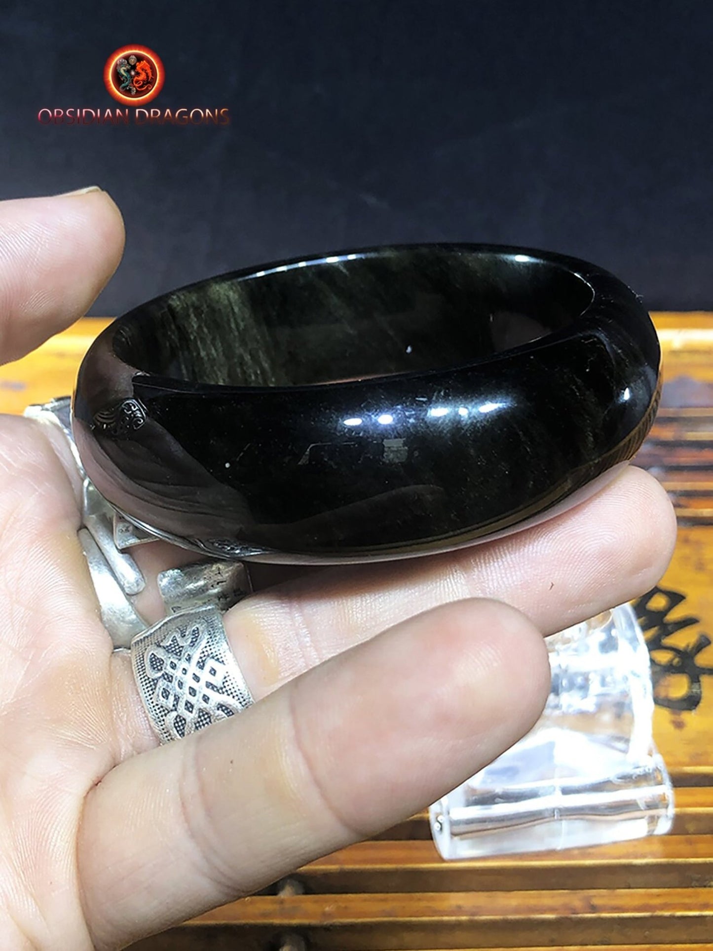 Bracelet jonc en obsidienne dorée
