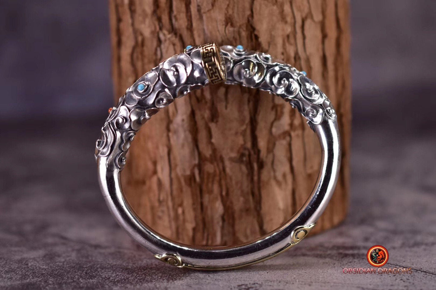 Bracelet manchette ethnique argent massif. Protection du roi singe. Baton de sun wu kong - obsidian dragon