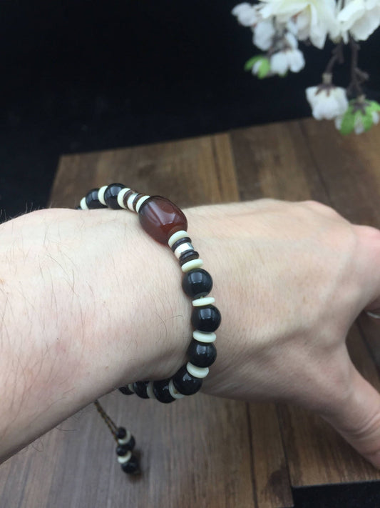 bracelet osidienne oeil celeste, cornaline, ivoire végétal argent 925 - obsidian dragon