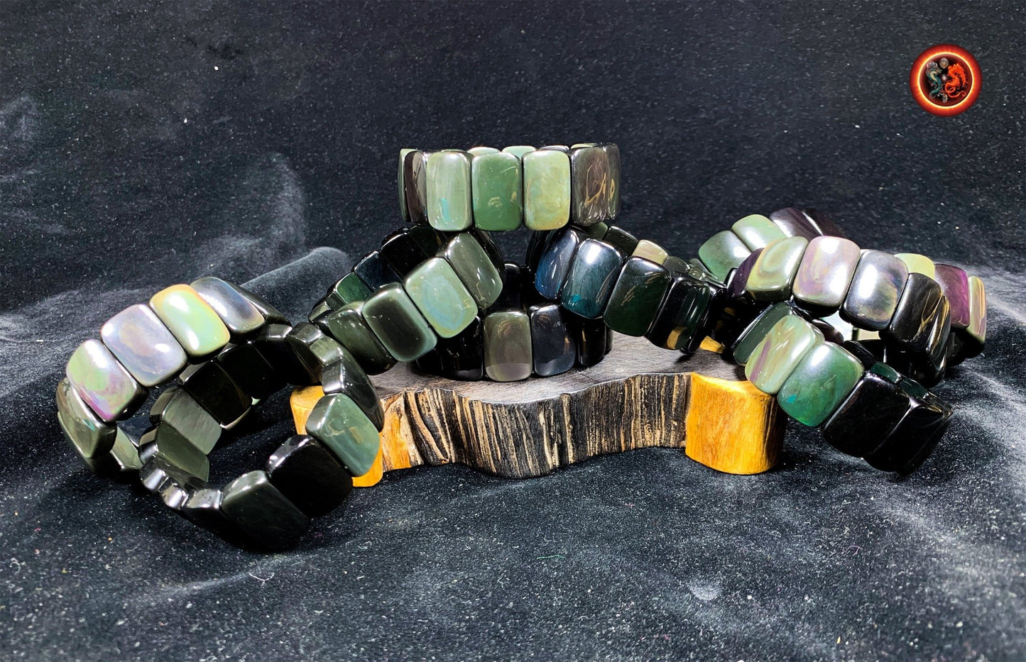 bracelet en obsidienne oeil celeste d'excellente qualité. Originaire du Mexique, naturelle et expertisée. Plaque de 30mm sur 16mm sur 9mm - obsidian dragon