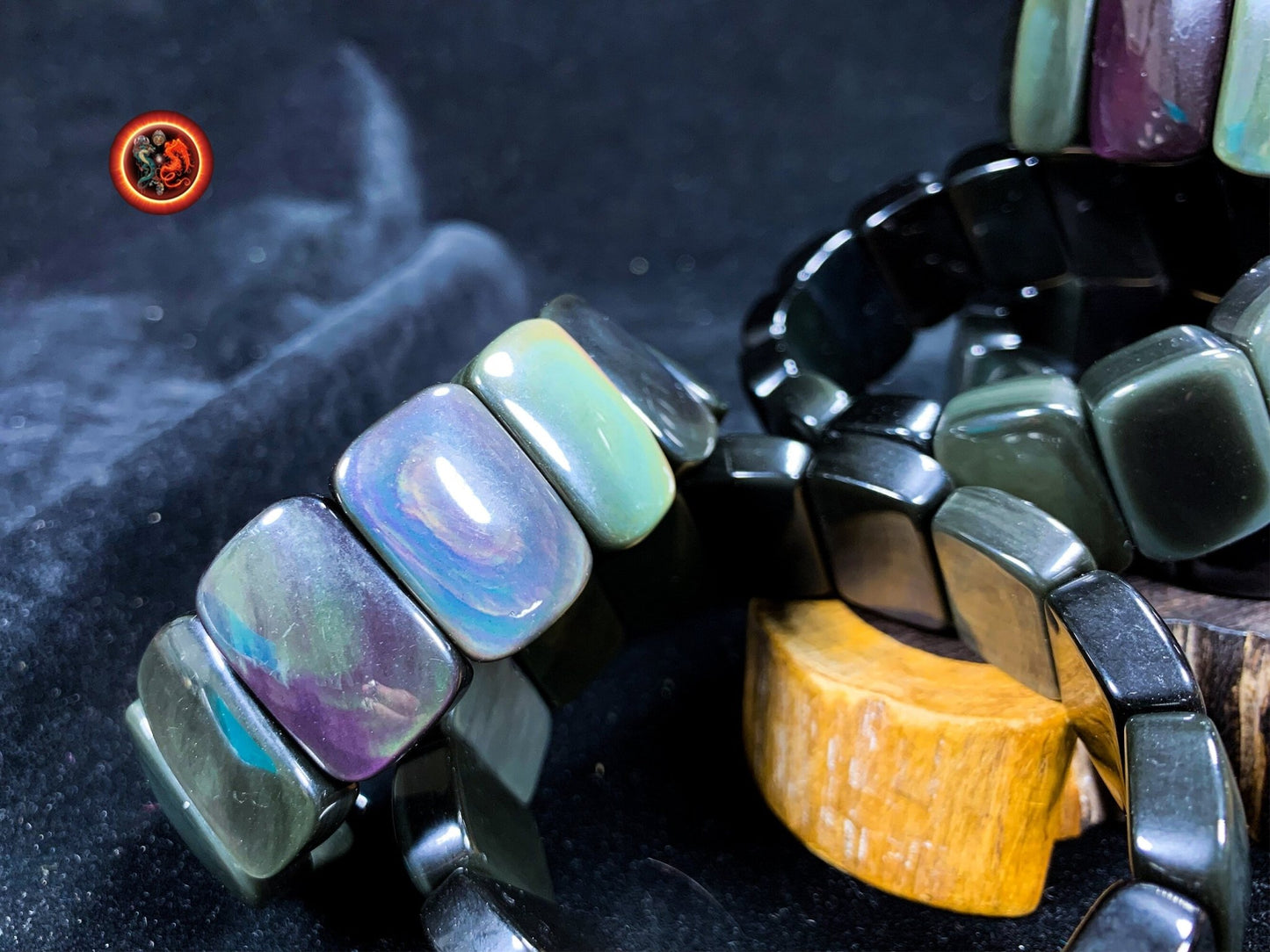 bracelet en obsidienne oeil celeste d'excellente qualité. Originaire du Mexique, naturelle et expertisée. Plaque de 30mm sur 16mm sur 9mm - obsidian dragon