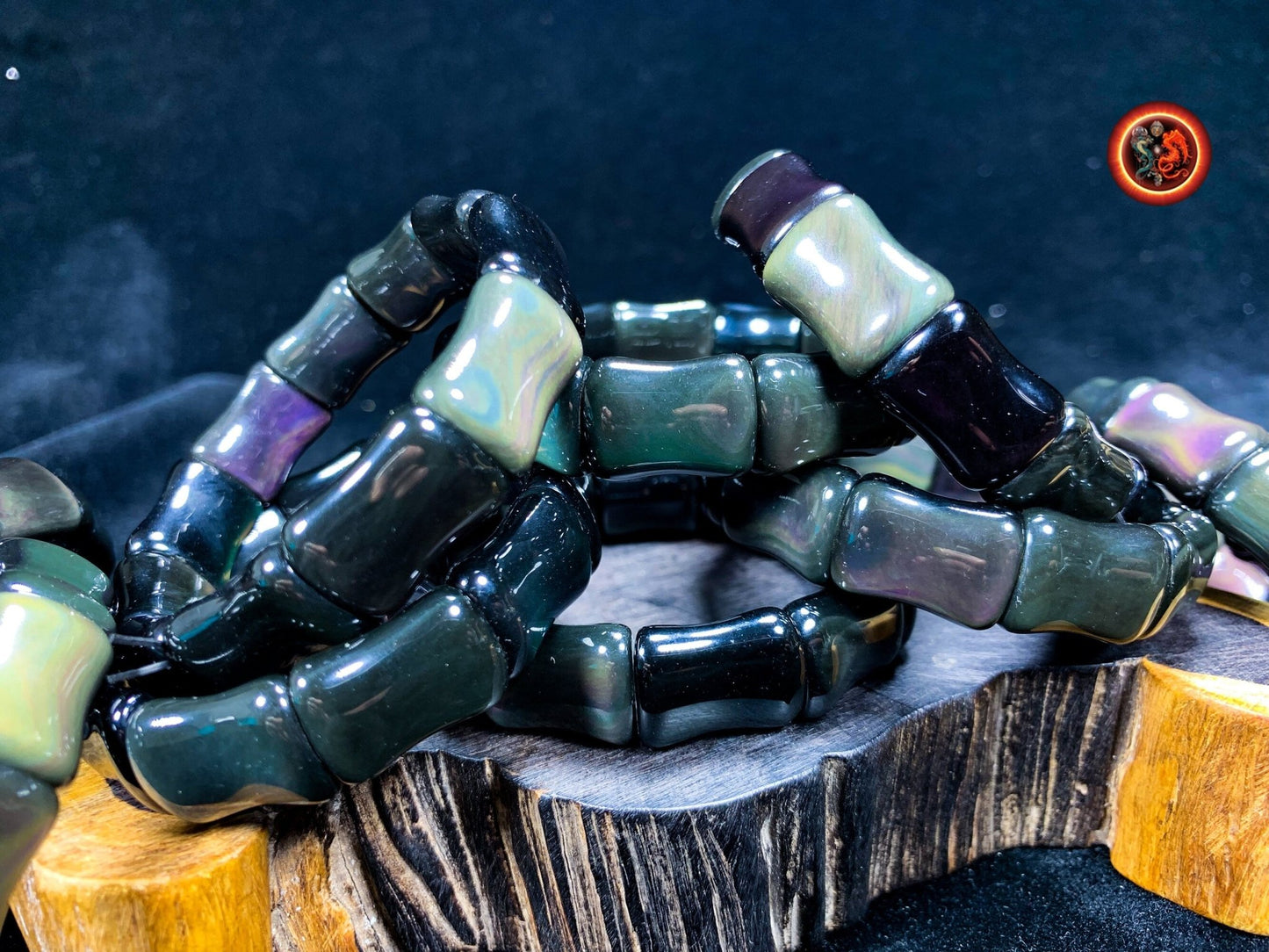 bracelet en obsidienne oeil celeste d'excellente qualité. taille bambou 15 sur 13 sur 9mm. Originaire du Mexique, naturelle et expertisée. - obsidian dragon