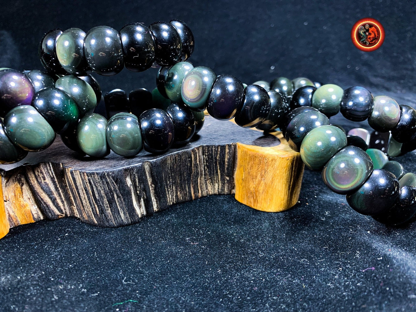 bracelet en obsidienne oeil celeste d'excellente qualité. Originaire du Mexique, naturelle et expertisée. Plaque de 20mm sur 15mm sur 9mm - obsidian dragon