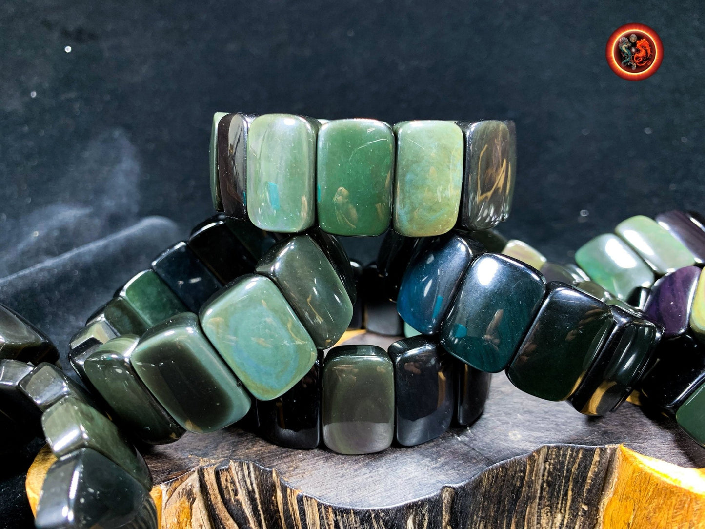 bracelet en obsidienne oeil celeste d'excellente qualité. Originaire du Mexique, naturelle et expertisée. Plaque de 30mm sur 16mm sur 9mm - obsidian dragon