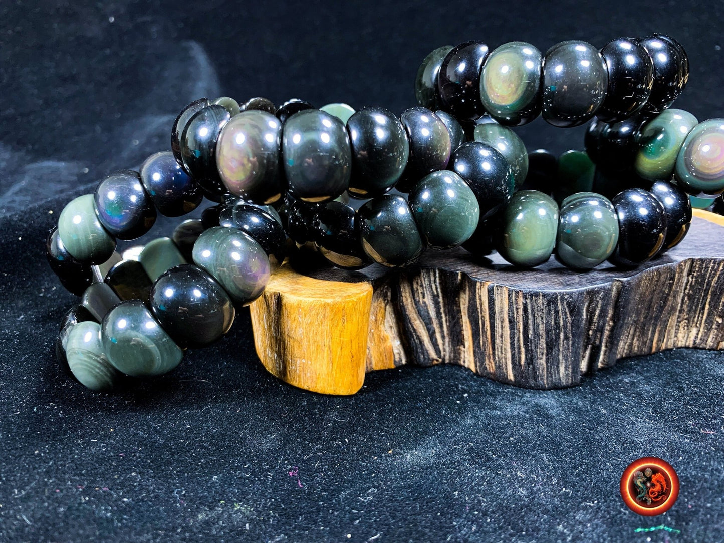 bracelet en obsidienne oeil celeste d'excellente qualité. Originaire du Mexique, naturelle et expertisée. Plaque de 20mm sur 15mm sur 9mm - obsidian dragon