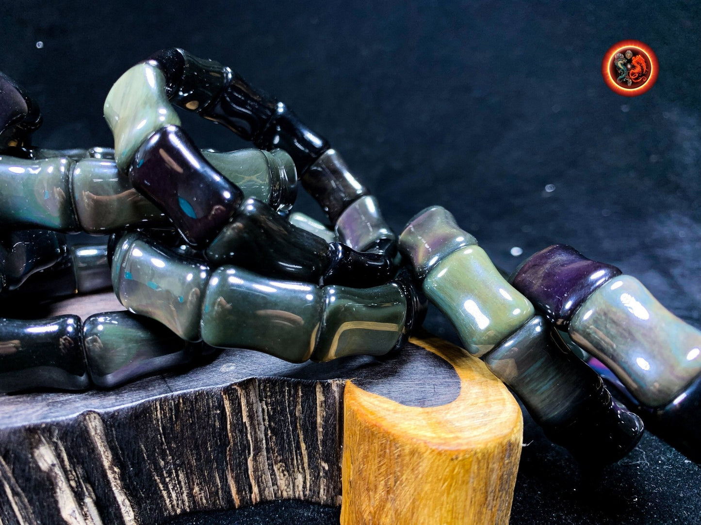 bracelet en obsidienne oeil celeste d'excellente qualité. taille bambou 15 sur 13 sur 9mm. Originaire du Mexique, naturelle et expertisée. - obsidian dragon