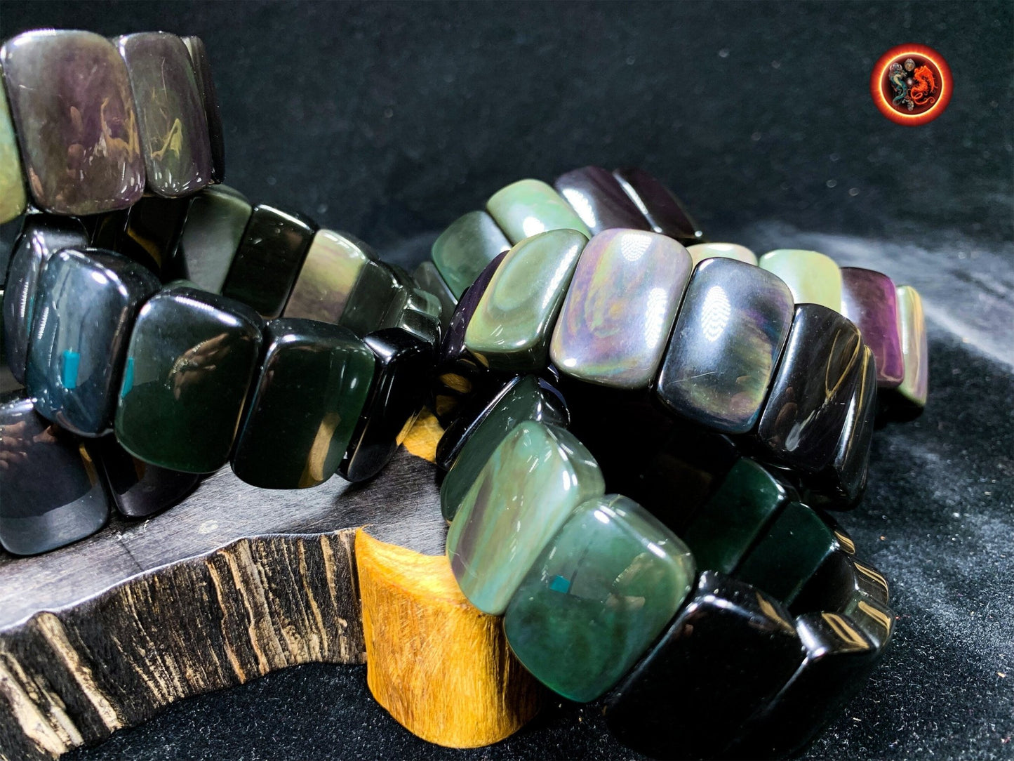 bracelet en obsidienne oeil celeste d'excellente qualité. Originaire du Mexique, naturelle et expertisée. Plaque de 30mm sur 16mm sur 9mm - obsidian dragon