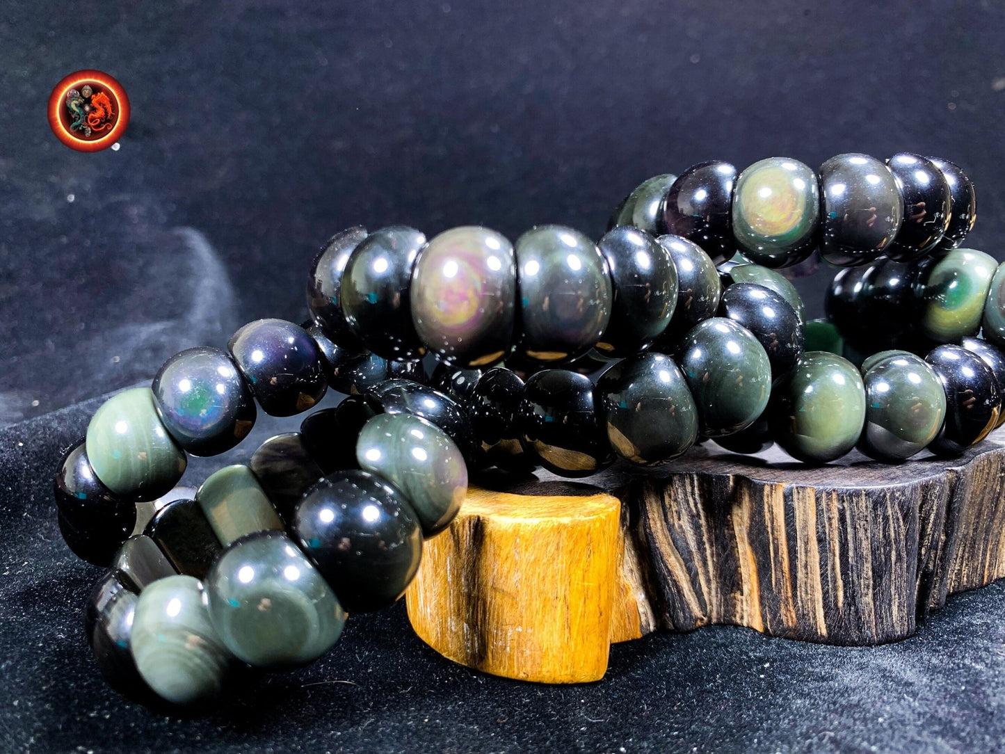 bracelet en obsidienne oeil celeste d'excellente qualité. Originaire du Mexique, naturelle et expertisée. Plaque de 20mm sur 15mm sur 9mm - obsidian dragon