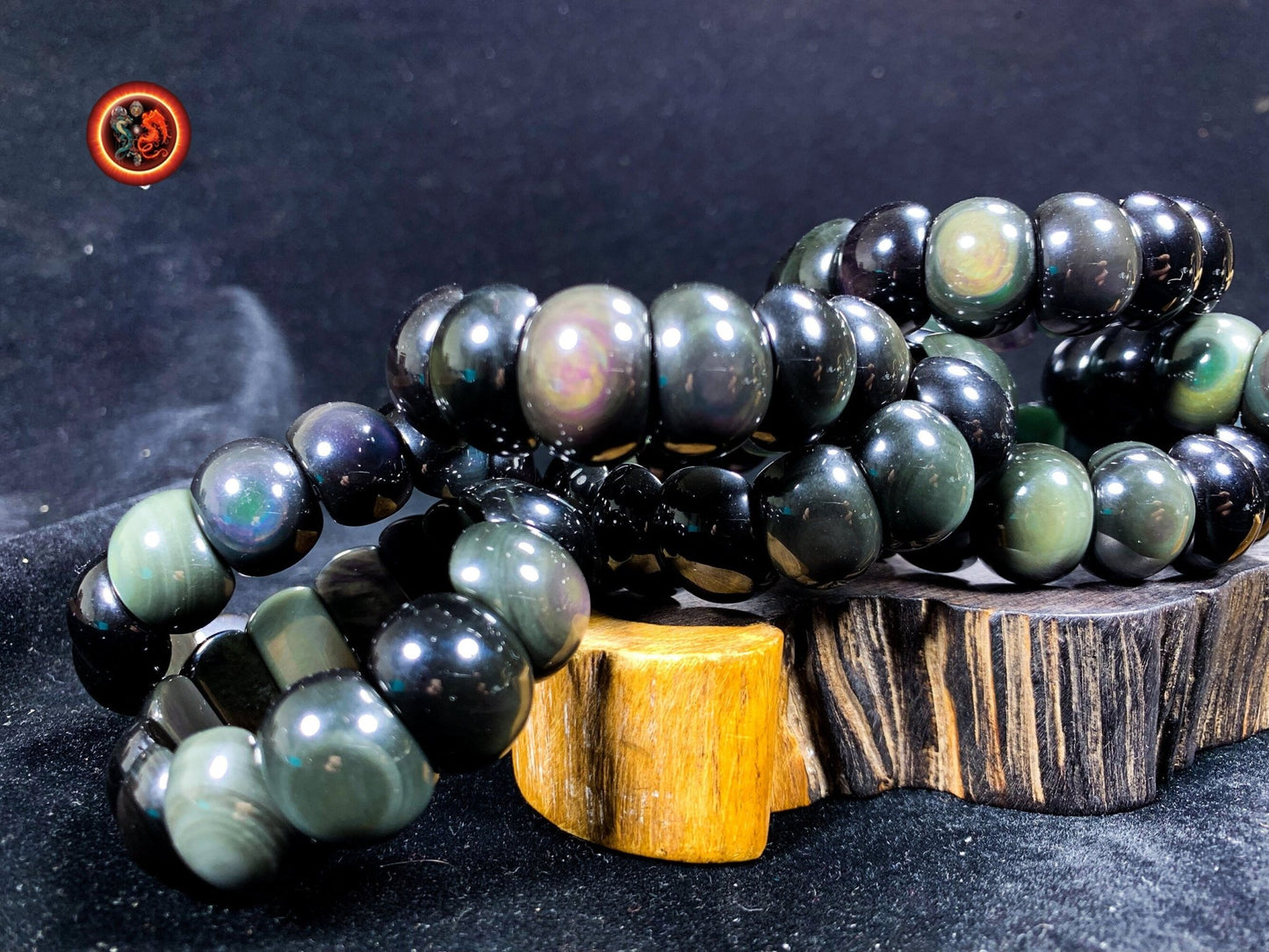 bracelet en obsidienne oeil celeste d'excellente qualité. Originaire du Mexique, naturelle et expertisée. Plaque de 20mm sur 15mm sur 9mm - obsidian dragon