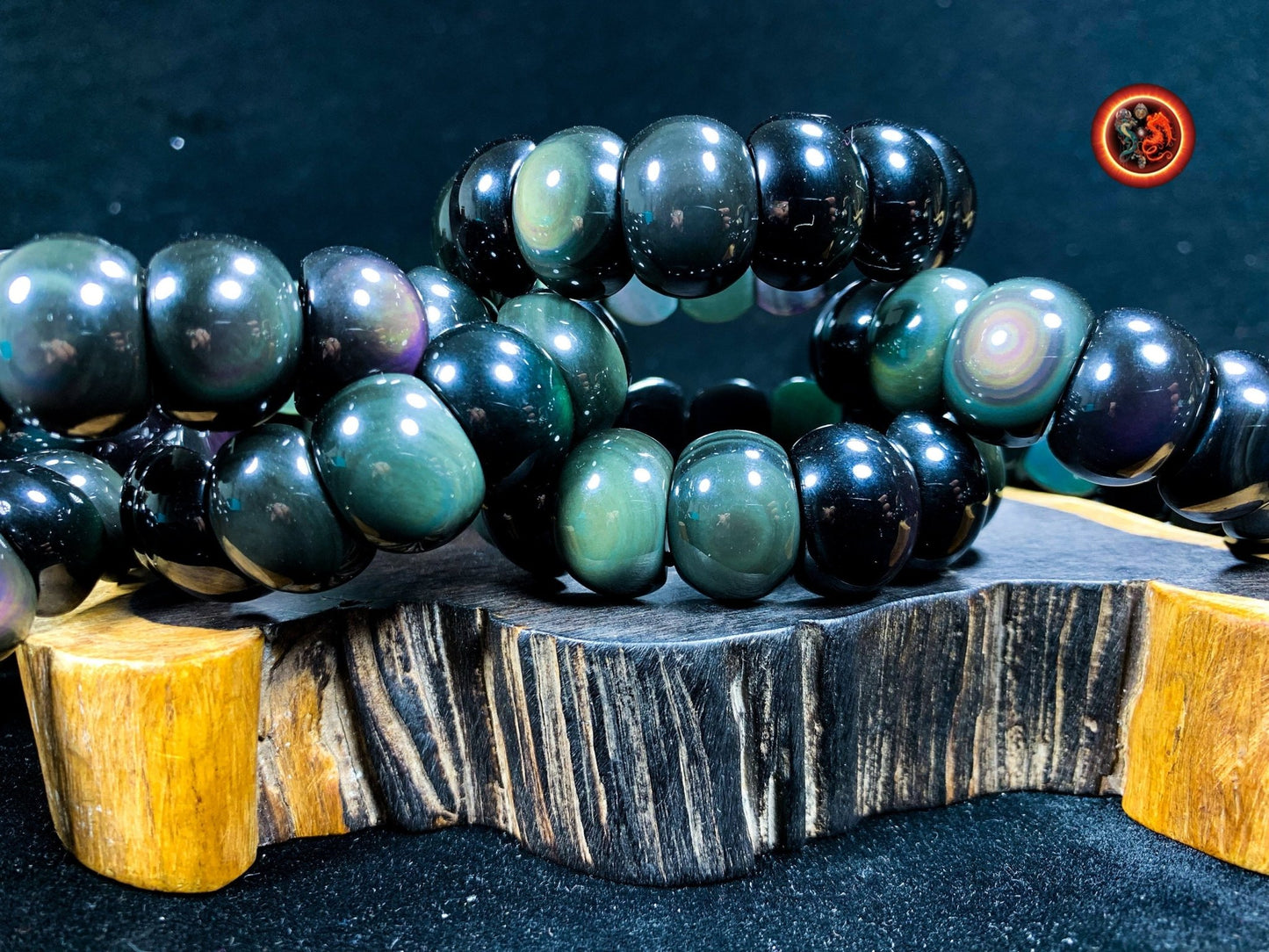 bracelet en obsidienne oeil celeste d'excellente qualité. Originaire du Mexique, naturelle et expertisée. Plaque de 20mm sur 15mm sur 9mm - obsidian dragon