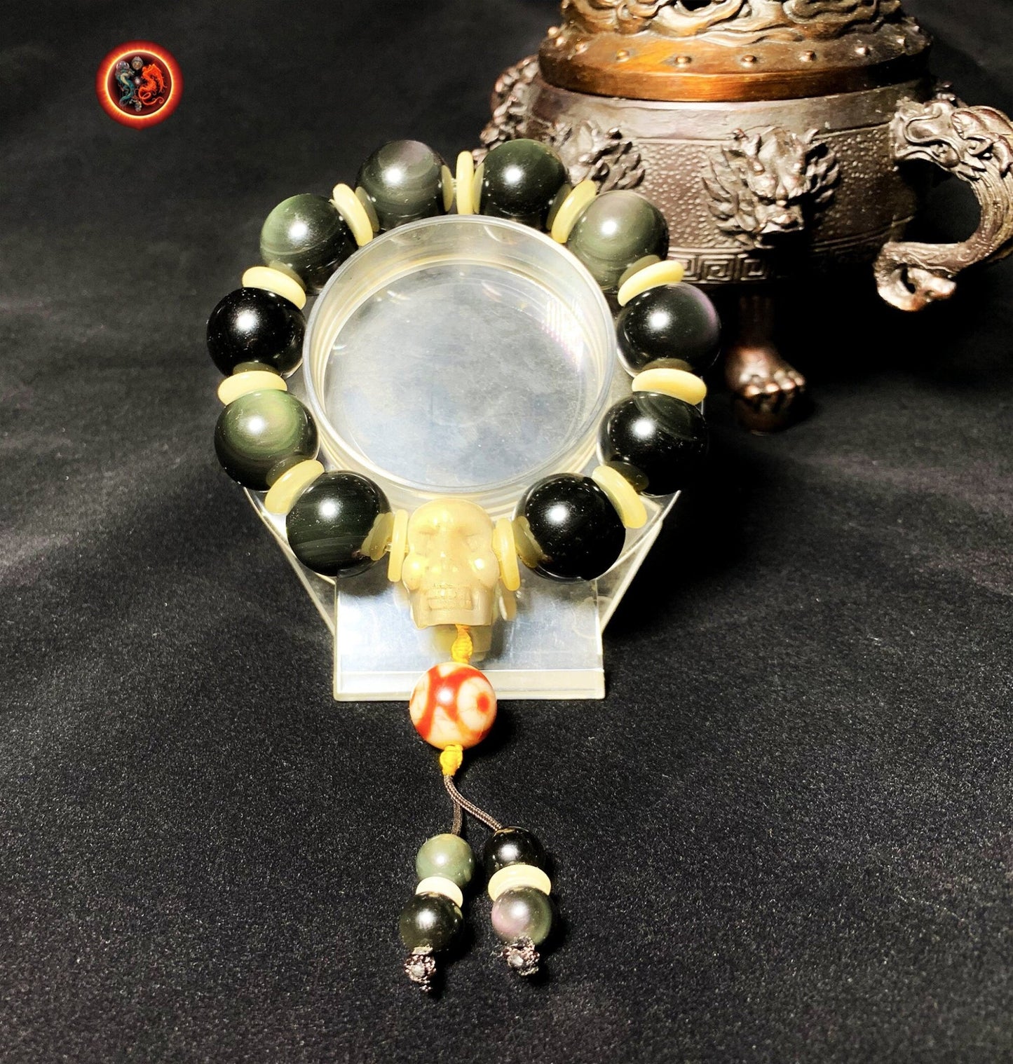 gros bracelet Obsidienne oeil celeste et crâne perles de 18mm de diamètre, os de buffle, agate sacré tibétaine (DZI) - obsidian dragon