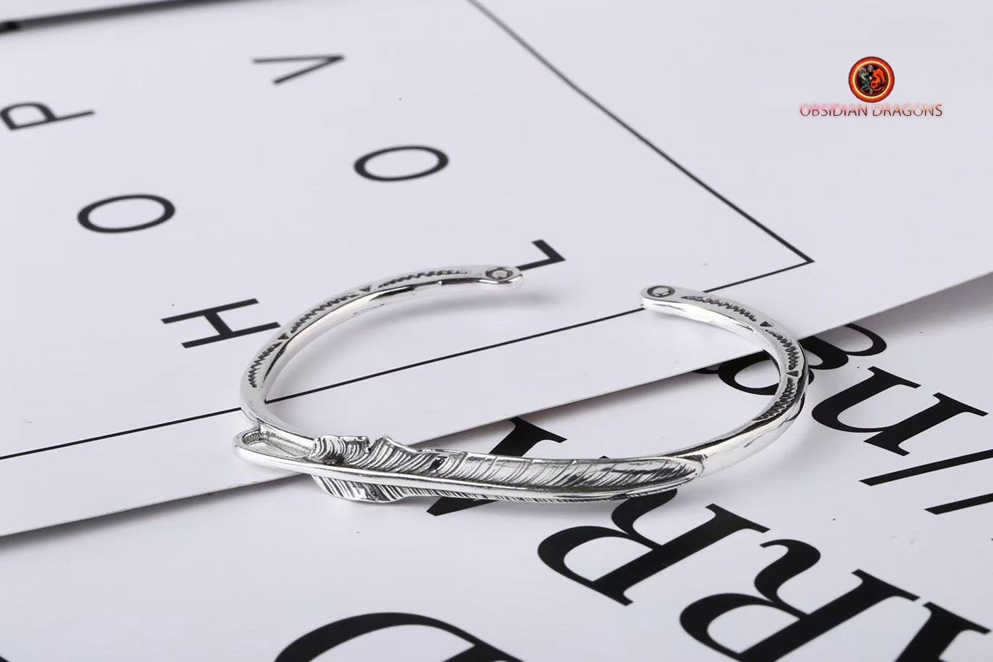 Bracelet manchette plume d'aigle argent 925. Bracelet poinçonné. Travail fin et délicat. - obsidian dragon