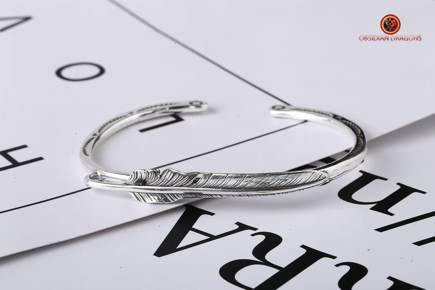 Bracelet manchette plume d'aigle argent 925. Bracelet poinçonné. Travail fin et délicat. - obsidian dragon