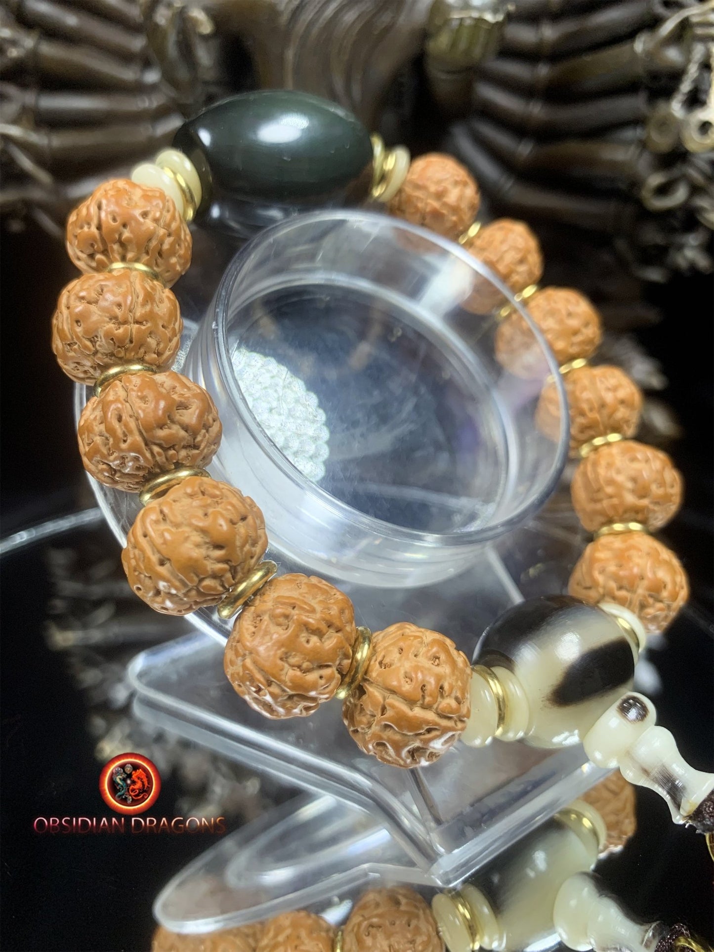 Bracelet en rudraksha- obsidienne oeil celeste- Clarté