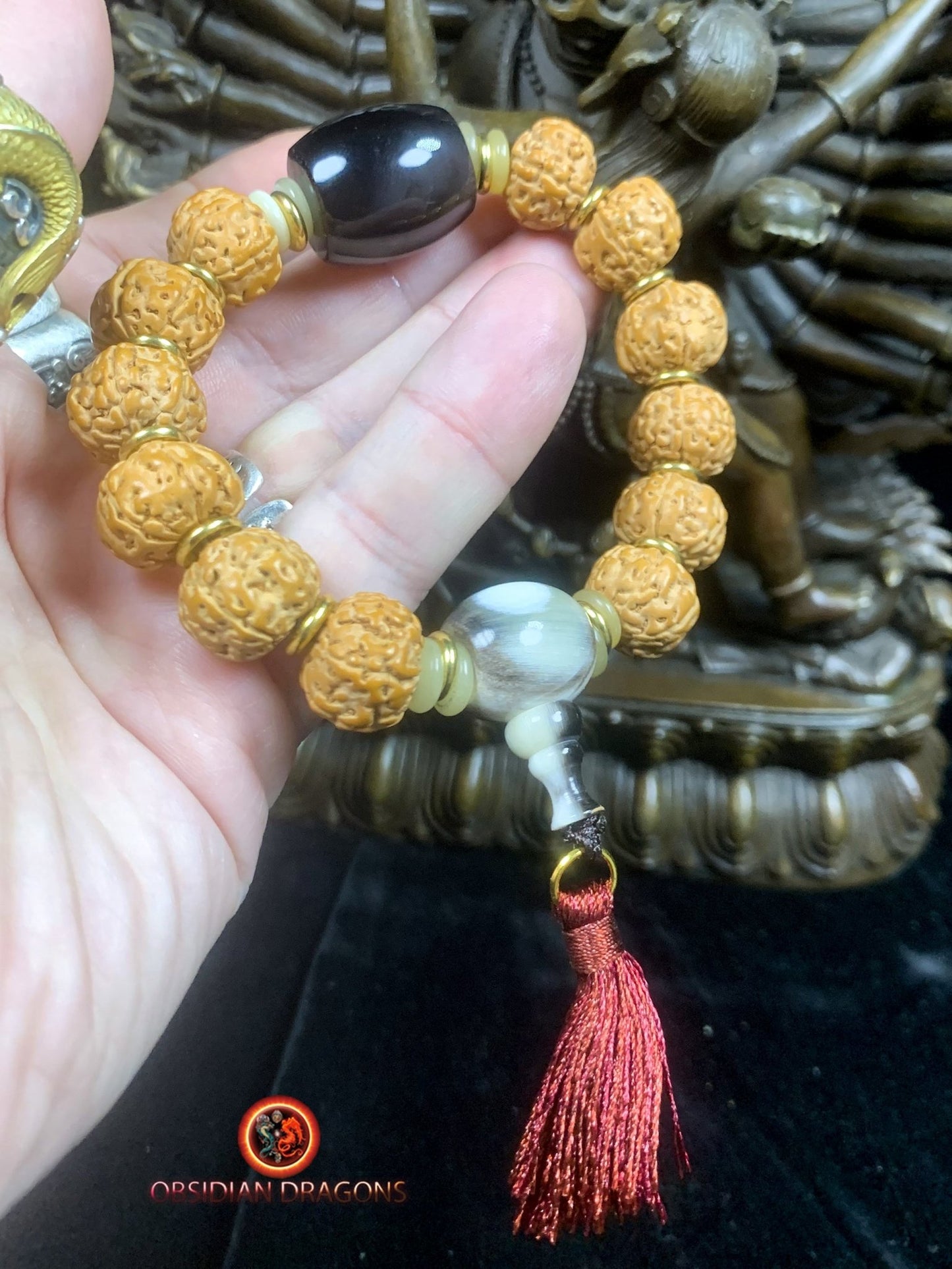 Bracelet en rudraksha- obsidienne oeil celeste- Connexion