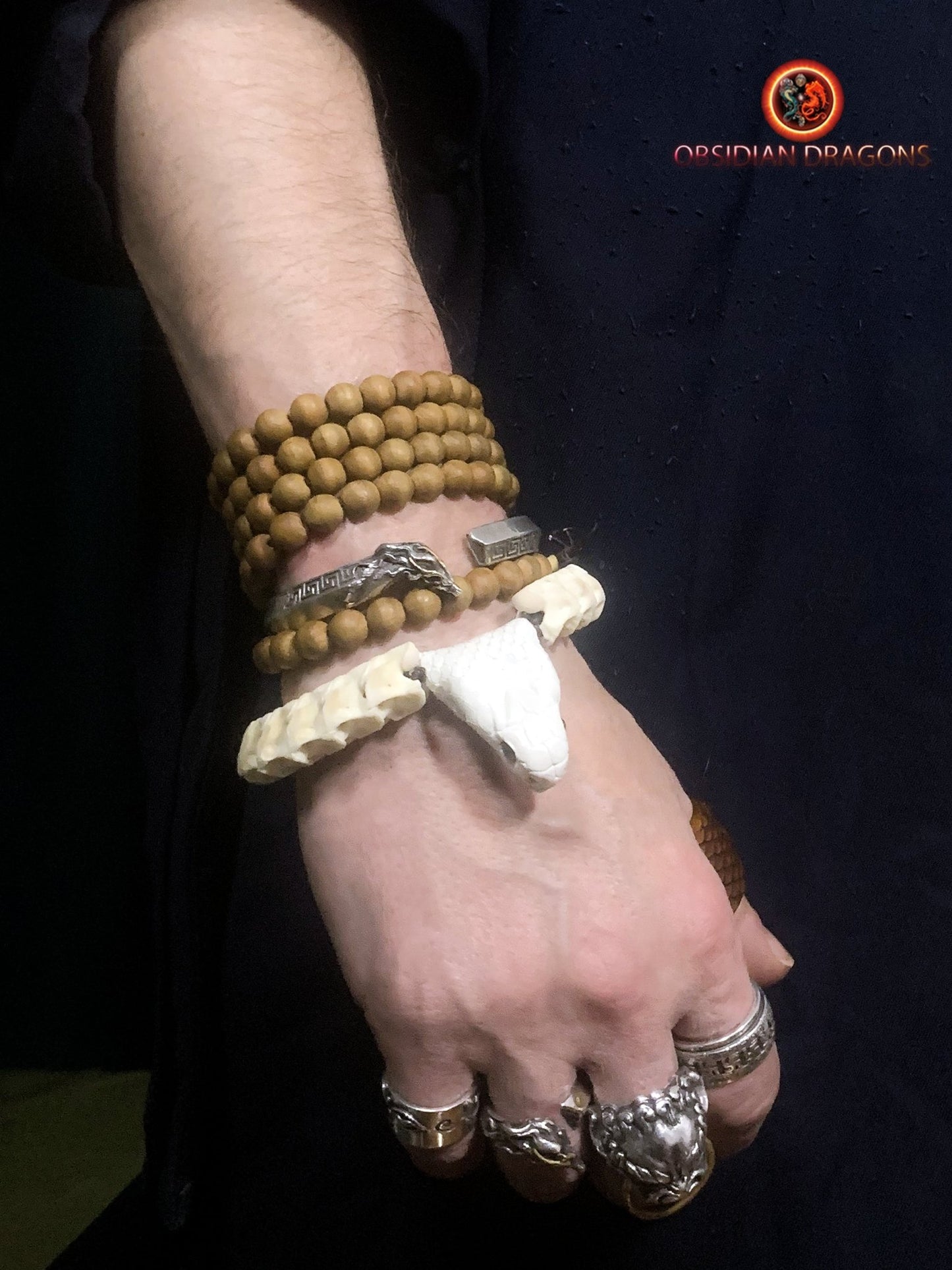 Bracelet en vertèbres de serpent- Tête de cobra naturalisée