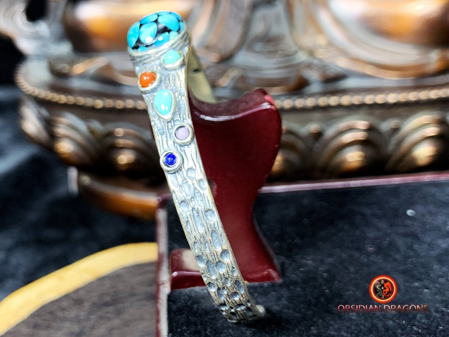Bracelet manchette tibétain- argent 925 et gemmes