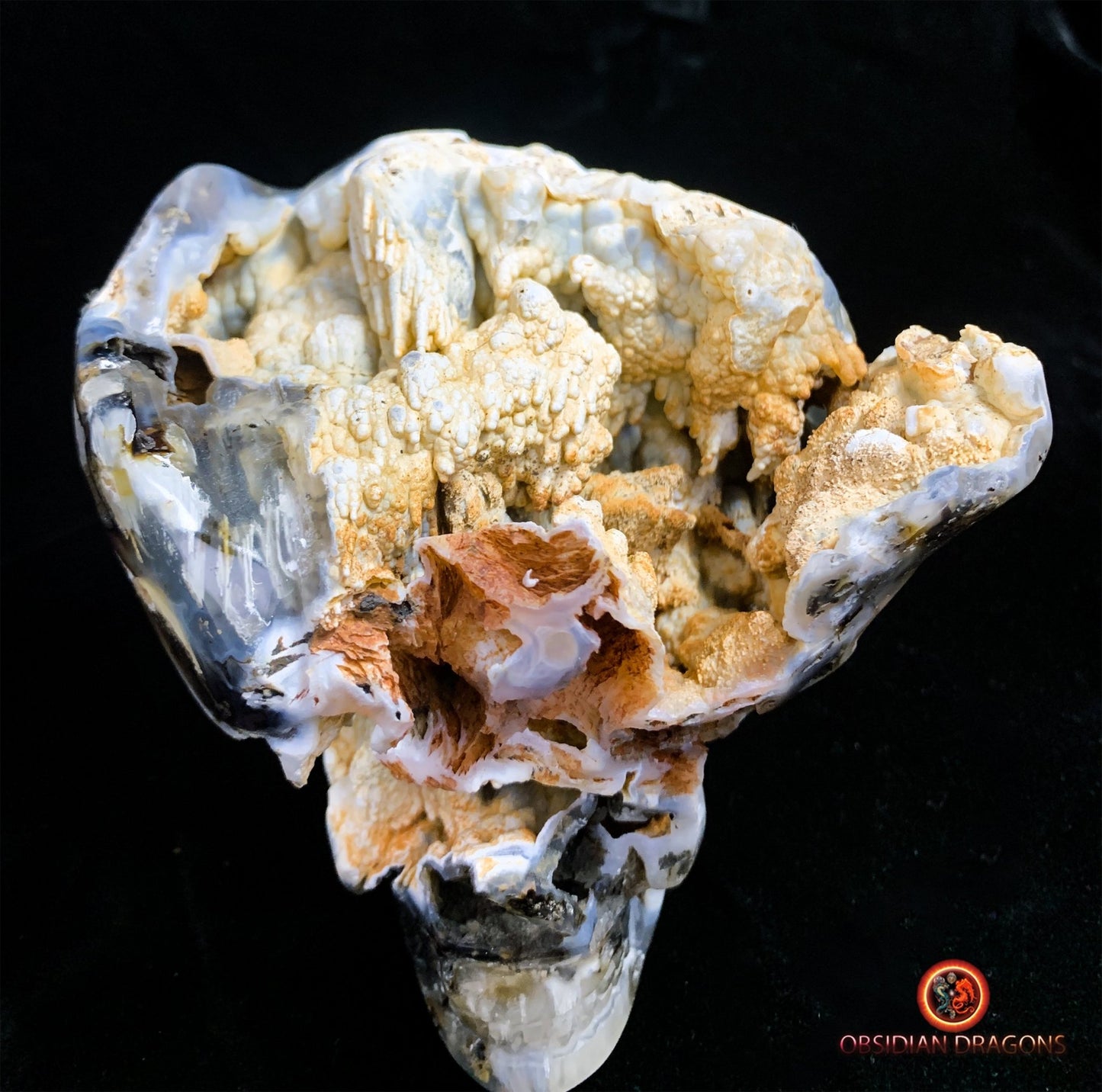 Crâne de cristal exceptionnel- Concrétions dans agate