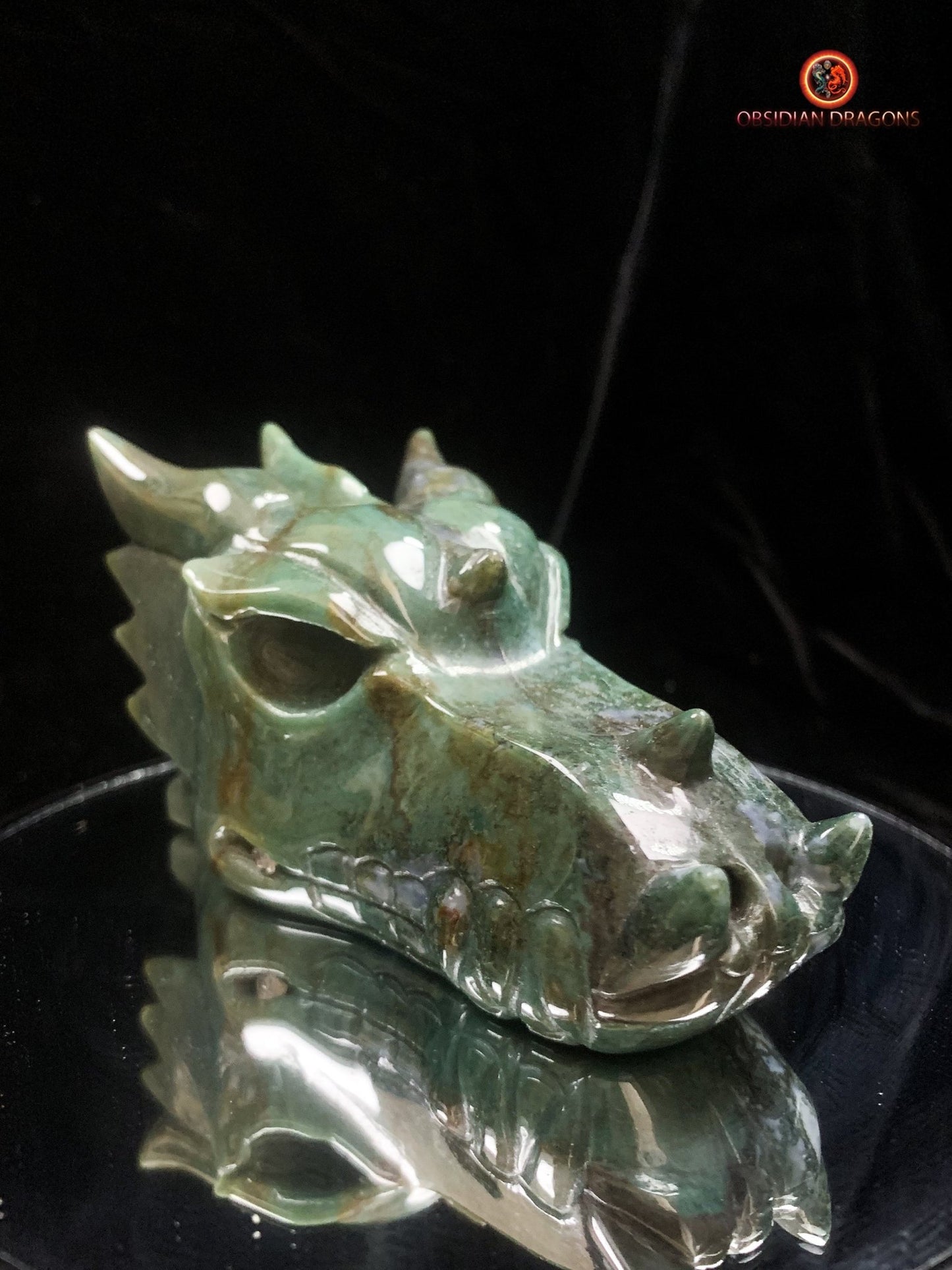 Crâne de dragon sculpté en agate mousse- naturel | obsidian dragons