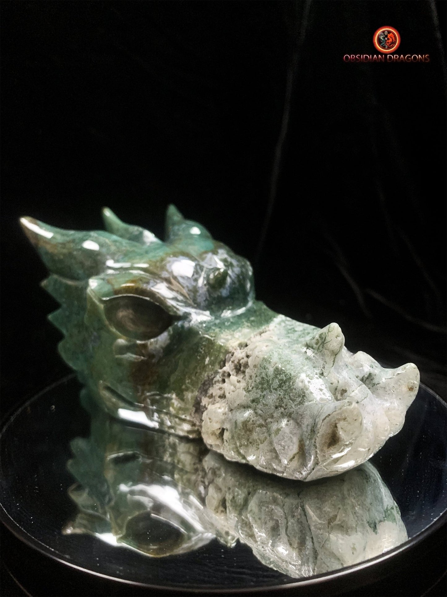 Grand crâne de dragon sculpté en agate mousse | obsidian dragons