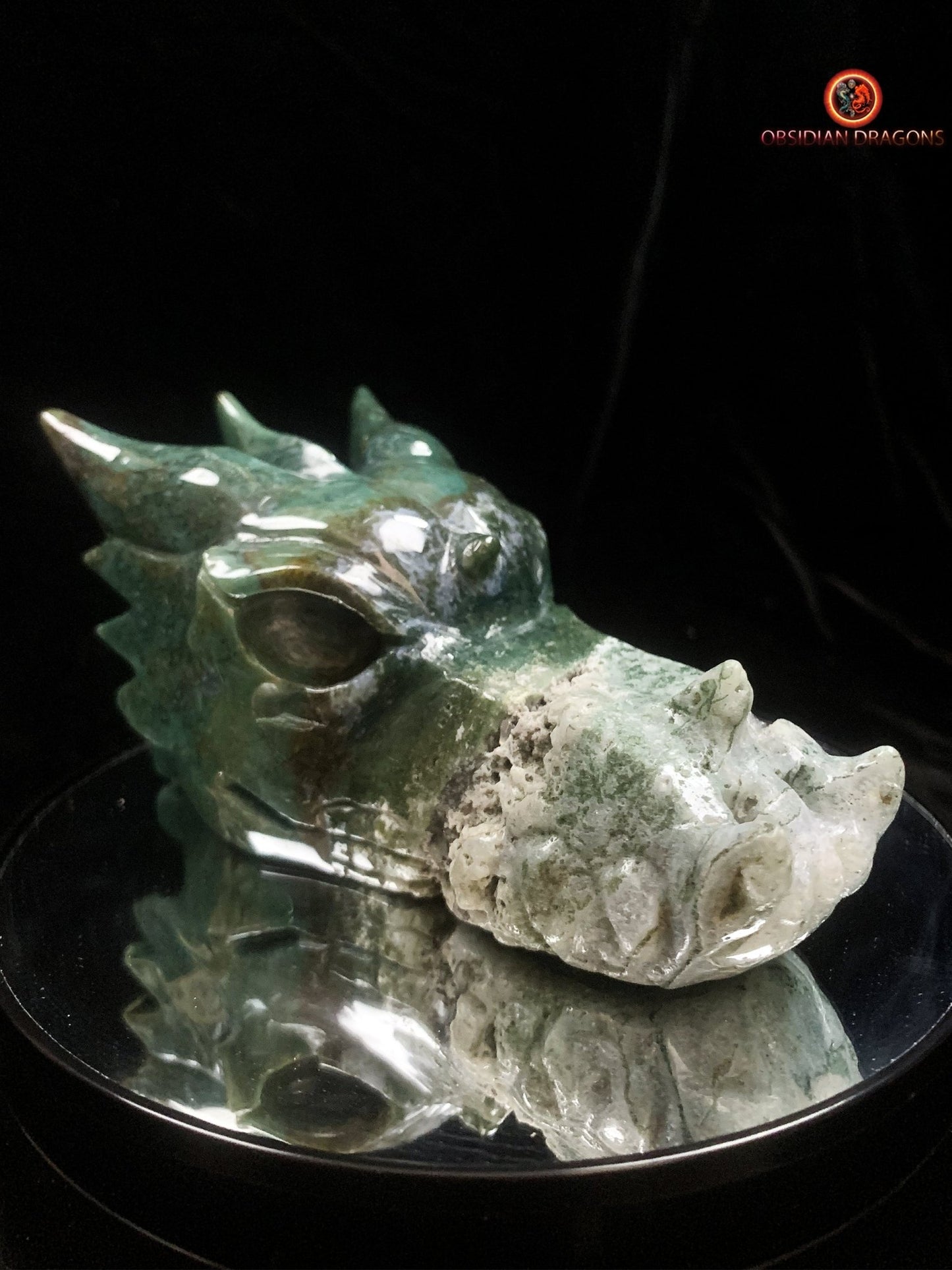 Grand crâne de dragon sculpté en agate mousse | obsidian dragons