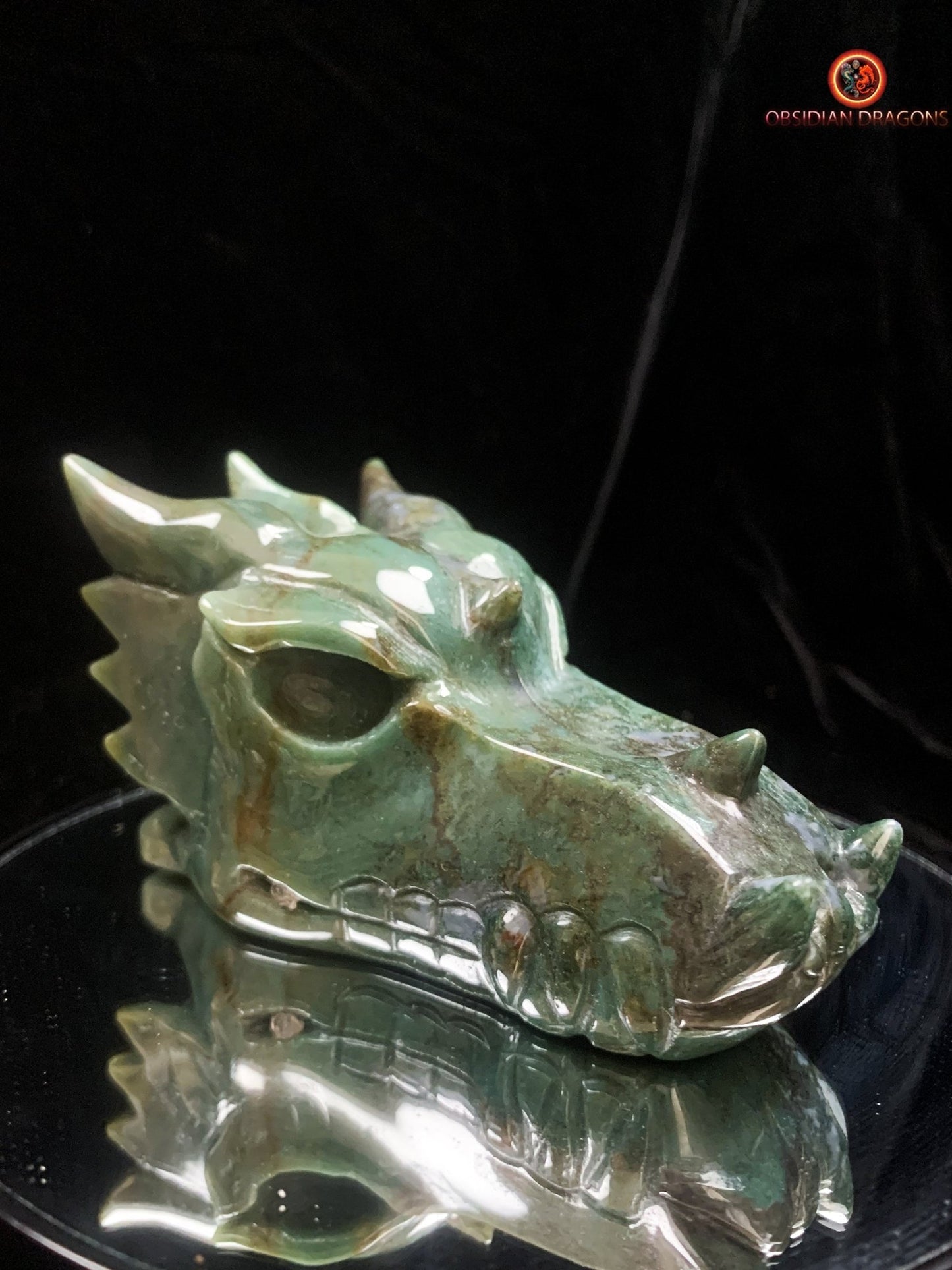 Crâne de dragon sculpté en agate mousse- naturel | obsidian dragons