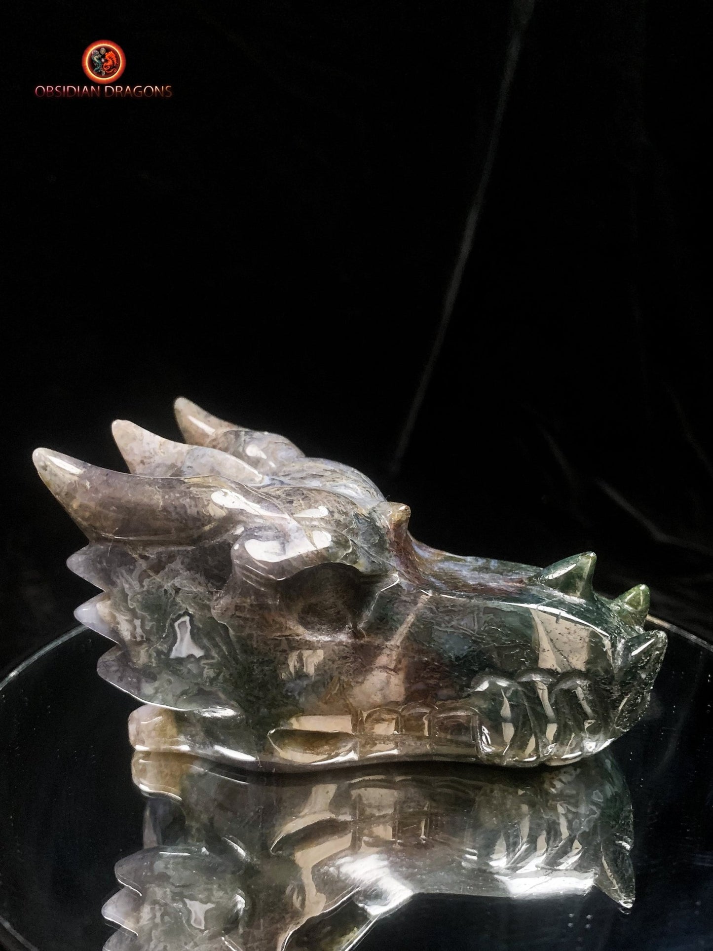Crâne de dragon sculpté en agate mousse- Rare | obsidian dragons