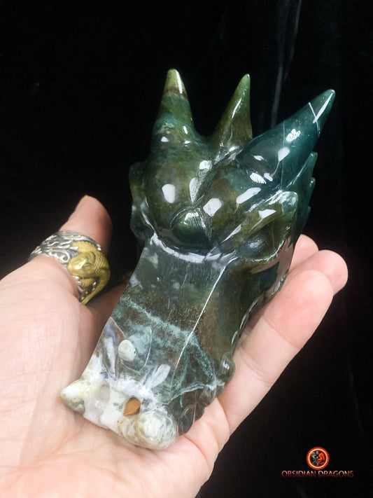 Grand crâne de dragon sculpté en agate mousse- Unique | obsidian dragons