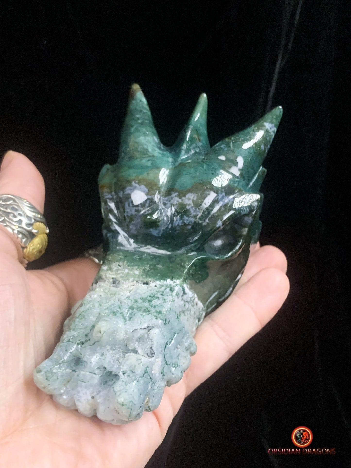 Grand crâne de dragon sculpté en agate mousse | obsidian dragons