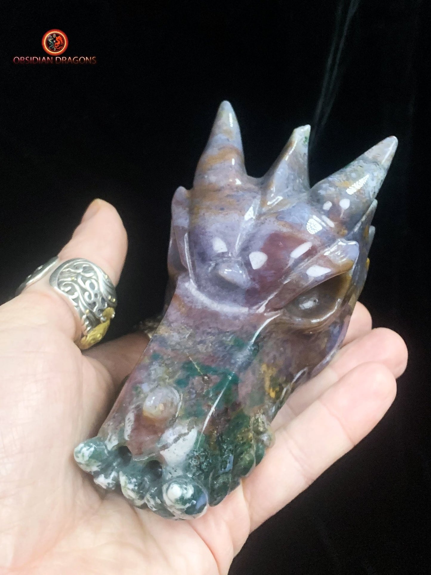 Crâne de dragon en agate mousse | obsidian dragons