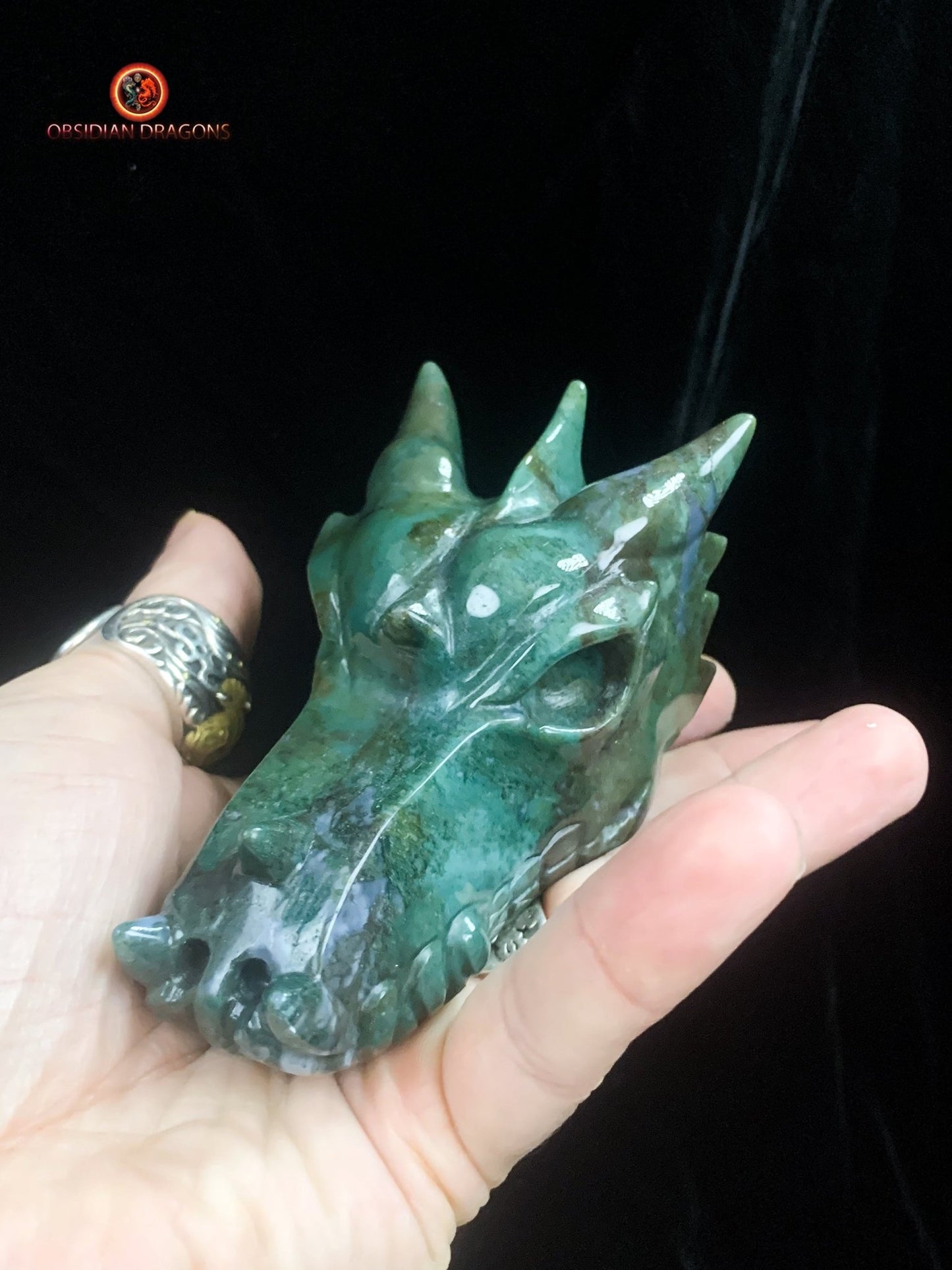 Crâne de dragon sculpté en agate mousse- naturel | obsidian dragons