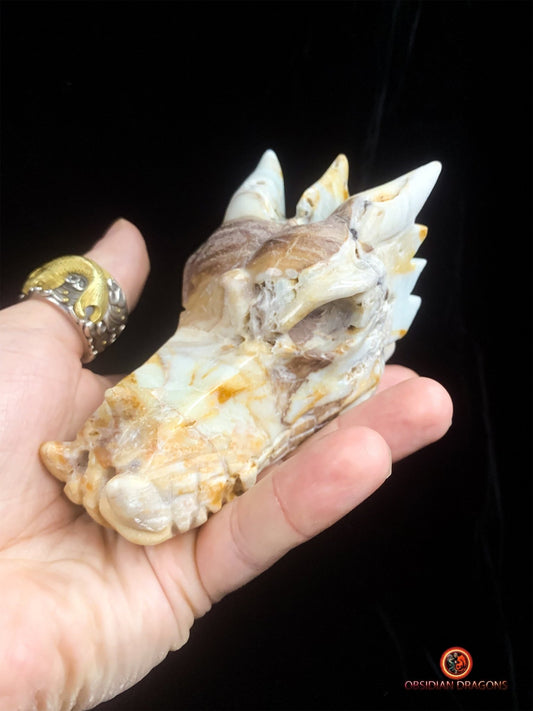 Crâne de dragon en Aragonite- Artisanal- Unique | obsidian dragons