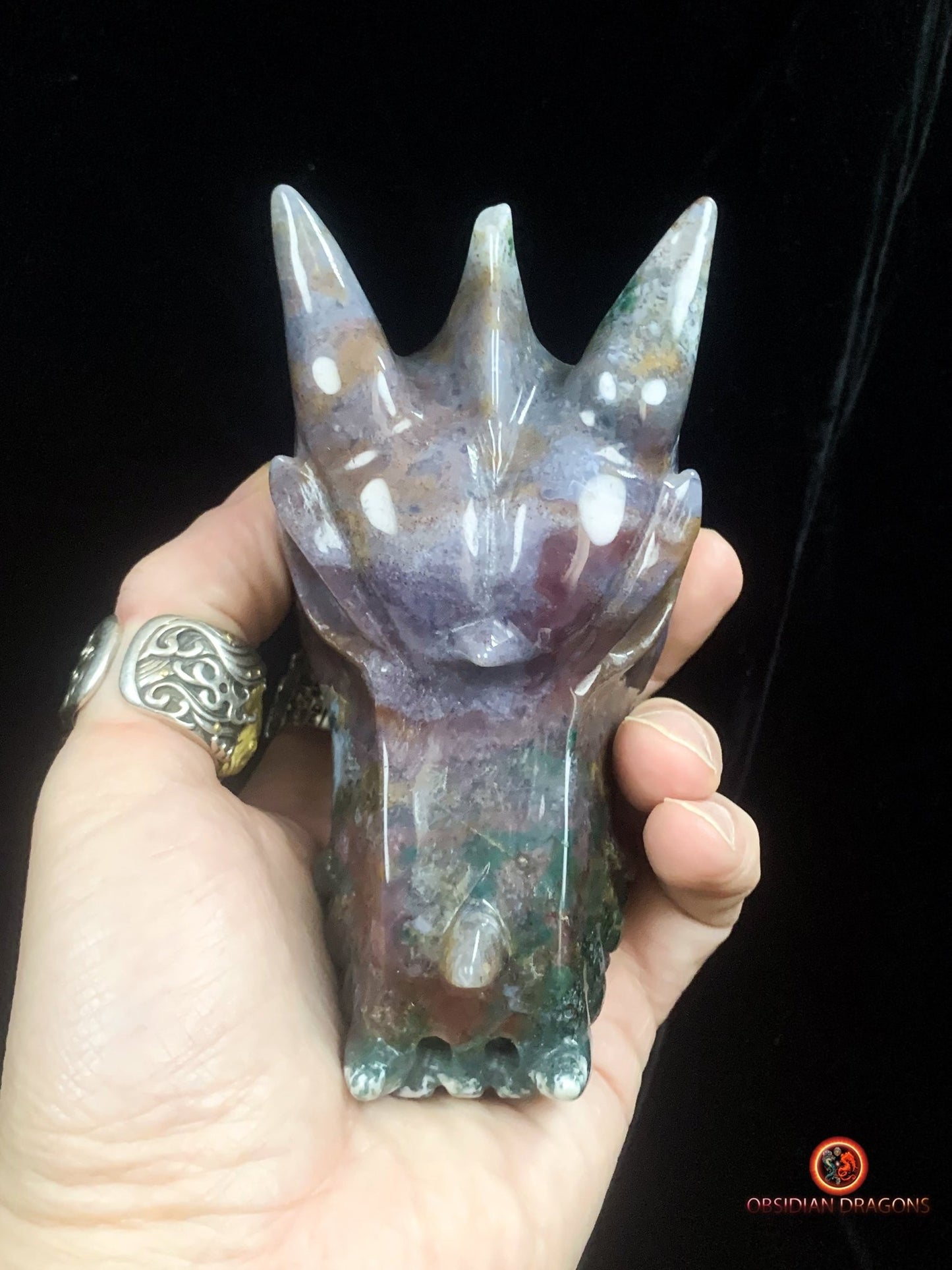 Crâne de dragon en agate mousse | obsidian dragons