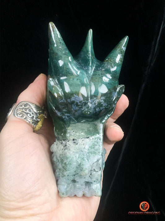 Grand crâne de dragon sculpté en agate mousse | obsidian dragons