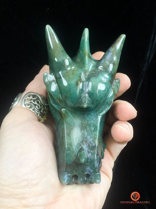 Crâne de dragon sculpté en agate mousse- naturel | obsidian dragons
