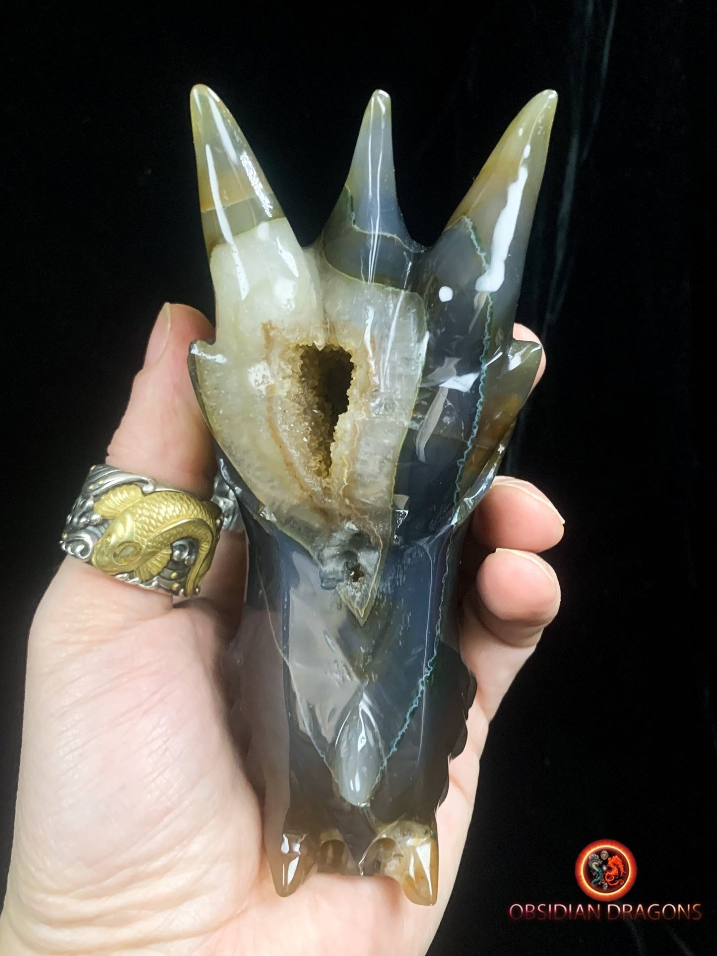 Crâne de dragon- Méditation draconique- Geode de quartz | obsidian dragons