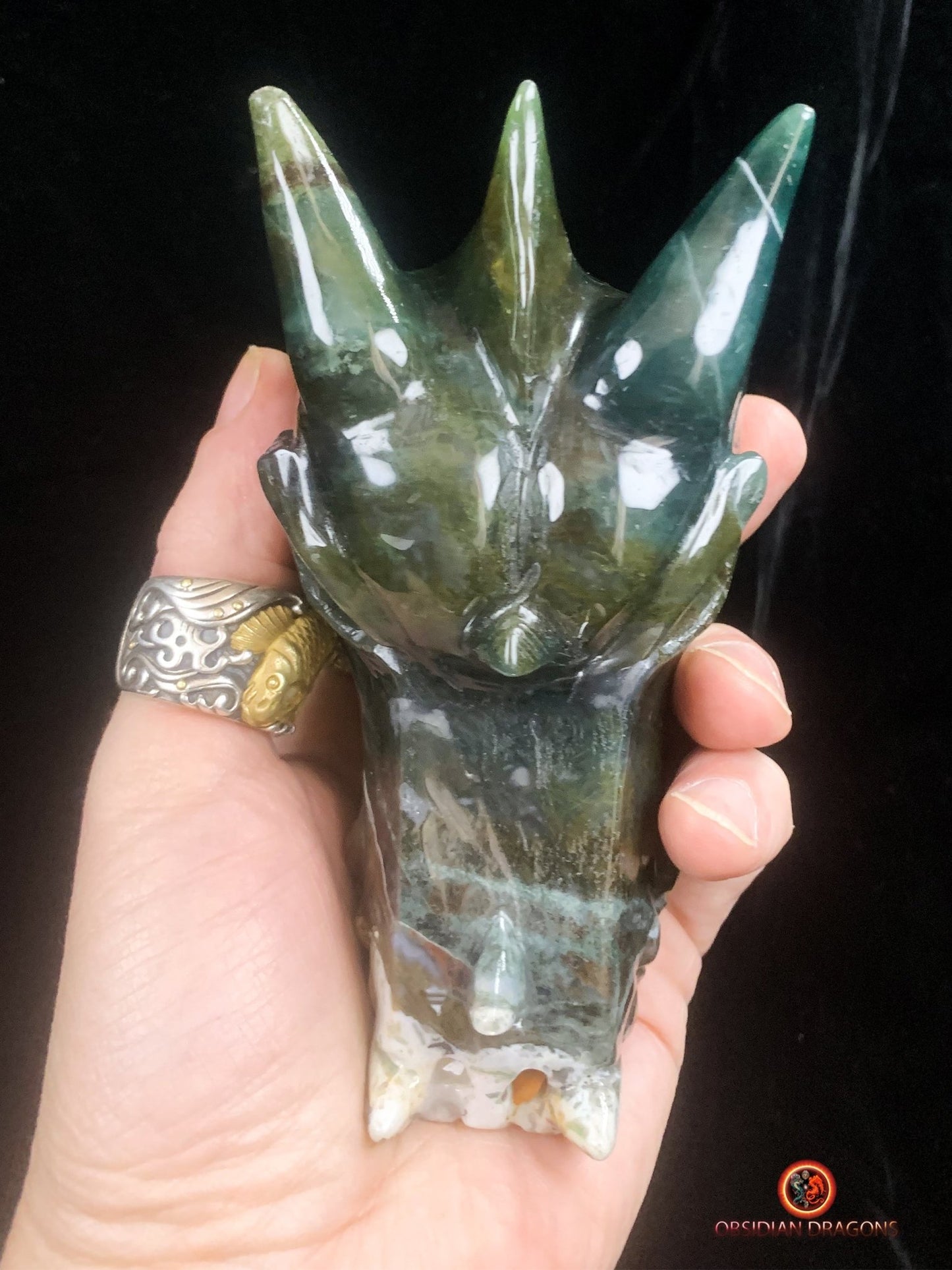 Grand crâne de dragon sculpté en agate mousse- Unique | obsidian dragons
