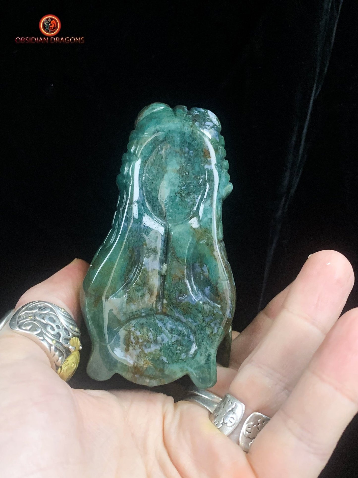 Crâne de dragon sculpté en agate mousse- naturel | obsidian dragons