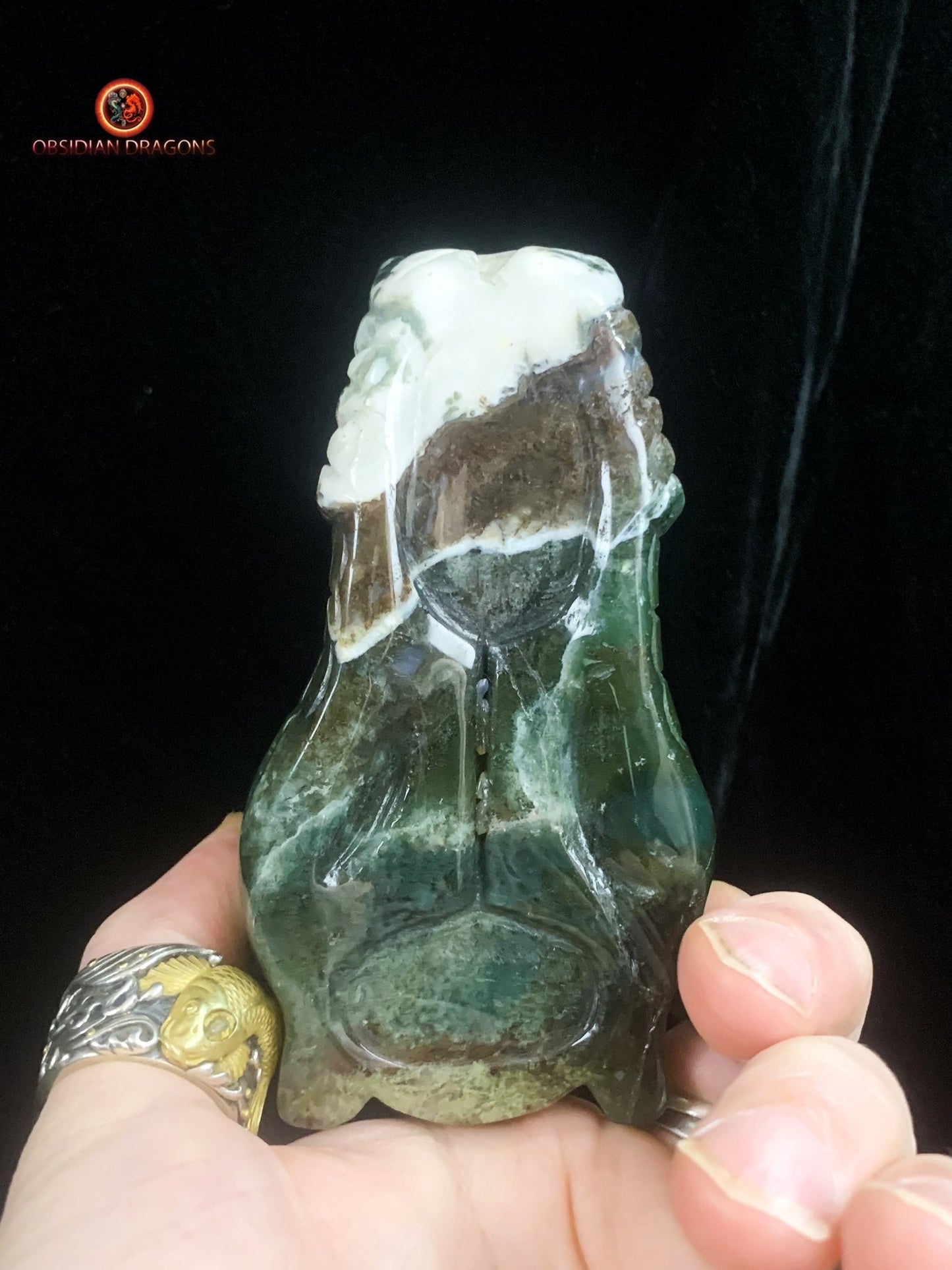 Grand crâne de dragon sculpté en agate mousse- Unique | obsidian dragons